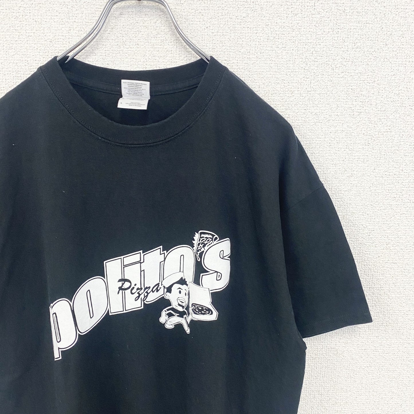 古着 used　GILDAN　ギルダン 　半袖クルーネックTシャツ　バックプリント　PIZZA　ピザ　politos　黒　Lサイズ
