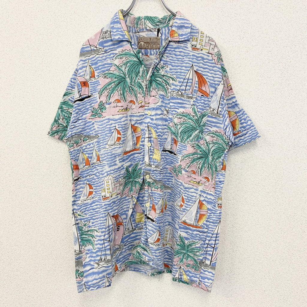 古着 used　AROUND AFRICA　半袖総柄シャツ　海　船　ヤシの木　ブルー　レトロデザイン　胸ポケット　Mサイズ