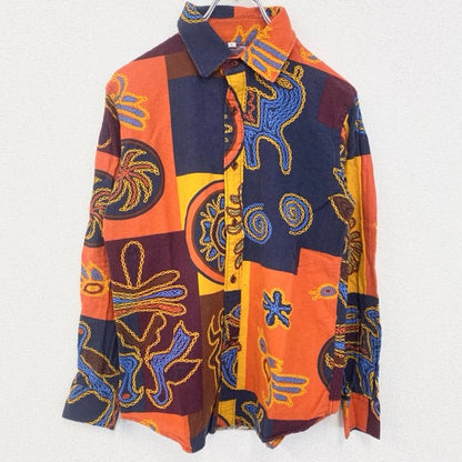 古着 used　長袖プリント柄シャツ　総柄　バティック　壁画　個性派　レトロデザイン　カラフル　オレンジ　Lサイズ　