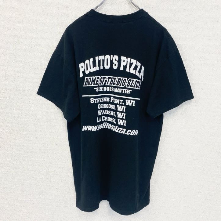 古着 used　GILDAN　ギルダン 　半袖クルーネックTシャツ　バックプリント　PIZZA　ピザ　politos　黒　Lサイズ