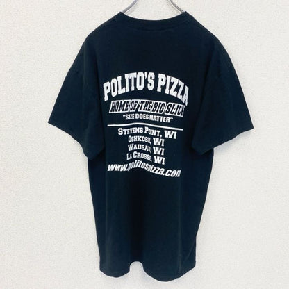 古着 used　GILDAN　ギルダン 　半袖クルーネックTシャツ　バックプリント　PIZZA　ピザ　politos　黒　Lサイズ