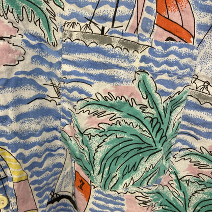 古着 used　AROUND AFRICA　半袖総柄シャツ　海　船　ヤシの木　ブルー　レトロデザイン　胸ポケット　Mサイズ