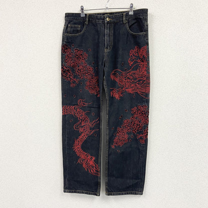 不俱戴天　フグタイテン　デニムパンツ/ジーンズ　刺繡　ジップフライ　黒　ブラック　W38サイズ