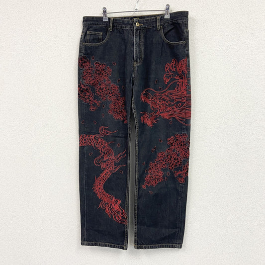 不俱戴天　フグタイテン　デニムパンツ/ジーンズ　刺繡　ジップフライ　黒　ブラック　W38サイズ
