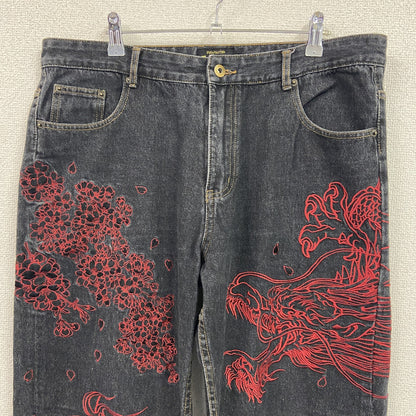 不俱戴天　フグタイテン　デニムパンツ/ジーンズ　刺繡　ジップフライ　黒　ブラック　W38サイズ