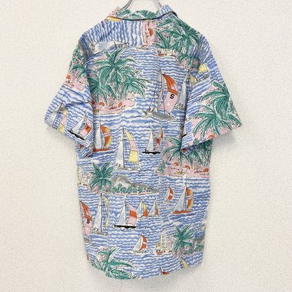古着 used　AROUND AFRICA　半袖総柄シャツ　海　船　ヤシの木　ブルー　レトロデザイン　胸ポケット　Mサイズ