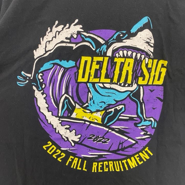 古着 used　GILDAN　ギルダン　半袖デザインTシャツ　バックプリント　サメ　DELTA SIG　黒　ブラック　Mサイズ