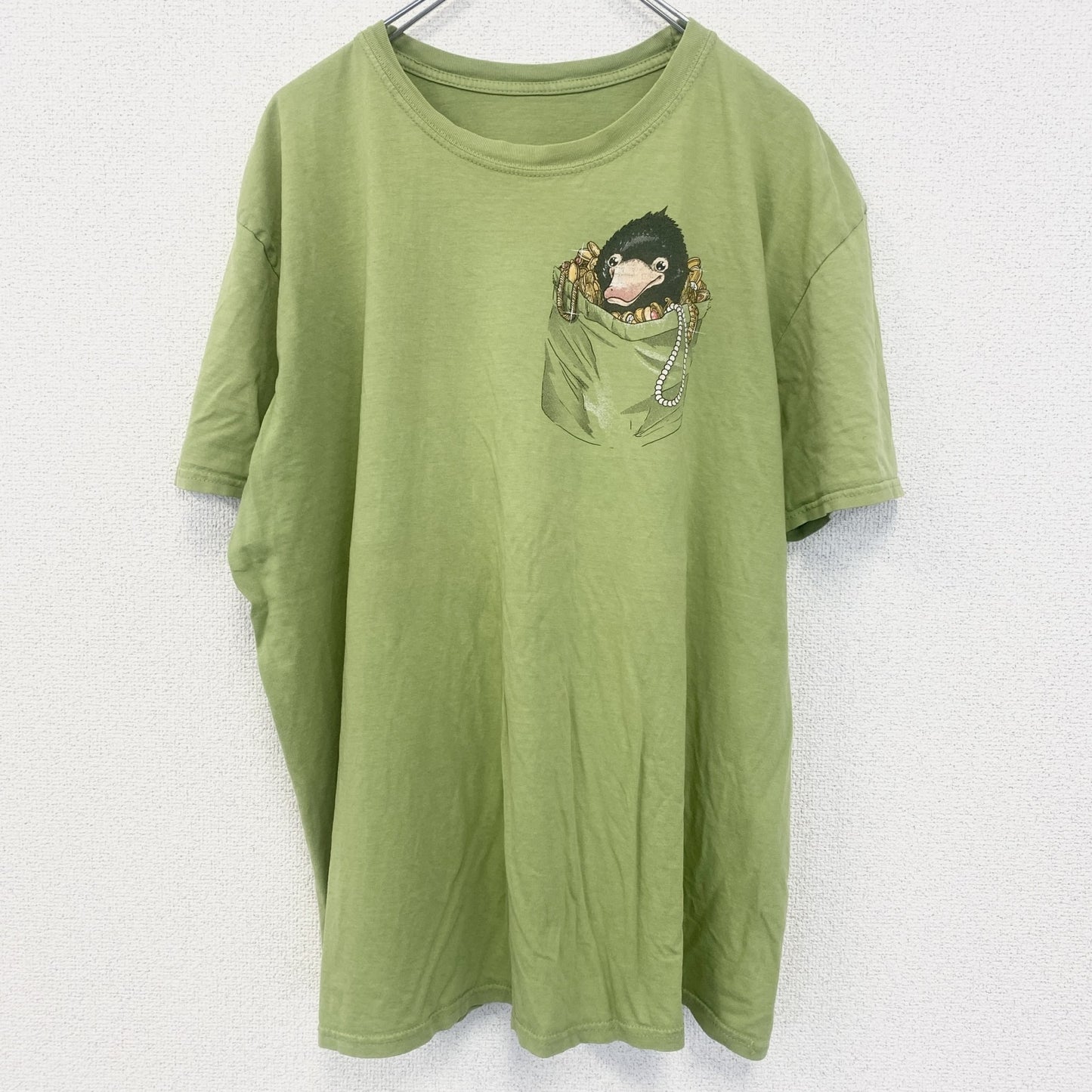 古着 used　半袖アニマルプリントTシャツ　カモノハシ　黄緑　ライトグリーン　クルーネック　レトロデザイン