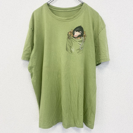 古着 used　半袖アニマルプリントTシャツ　カモノハシ　黄緑　ライトグリーン　クルーネック　レトロデザイン