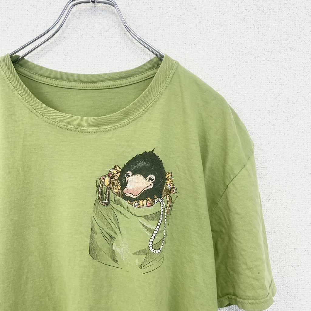 古着 used　半袖アニマルプリントTシャツ　カモノハシ　黄緑　ライトグリーン　クルーネック　レトロデザイン
