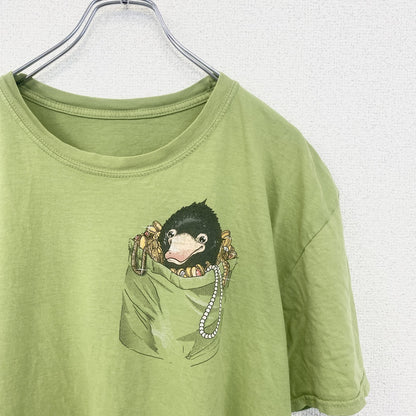 古着 used　半袖アニマルプリントTシャツ　カモノハシ　黄緑　ライトグリーン　クルーネック　レトロデザイン