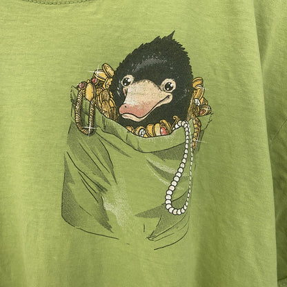 古着 used　半袖アニマルプリントTシャツ　カモノハシ　黄緑　ライトグリーン　クルーネック　レトロデザイン