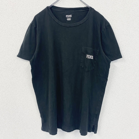 古着 used　PINK　ヴィクトリアシークレット　半袖ワンポイントTシャツ　バックプリント　胸ポケット　犬　黒　Lサイズ