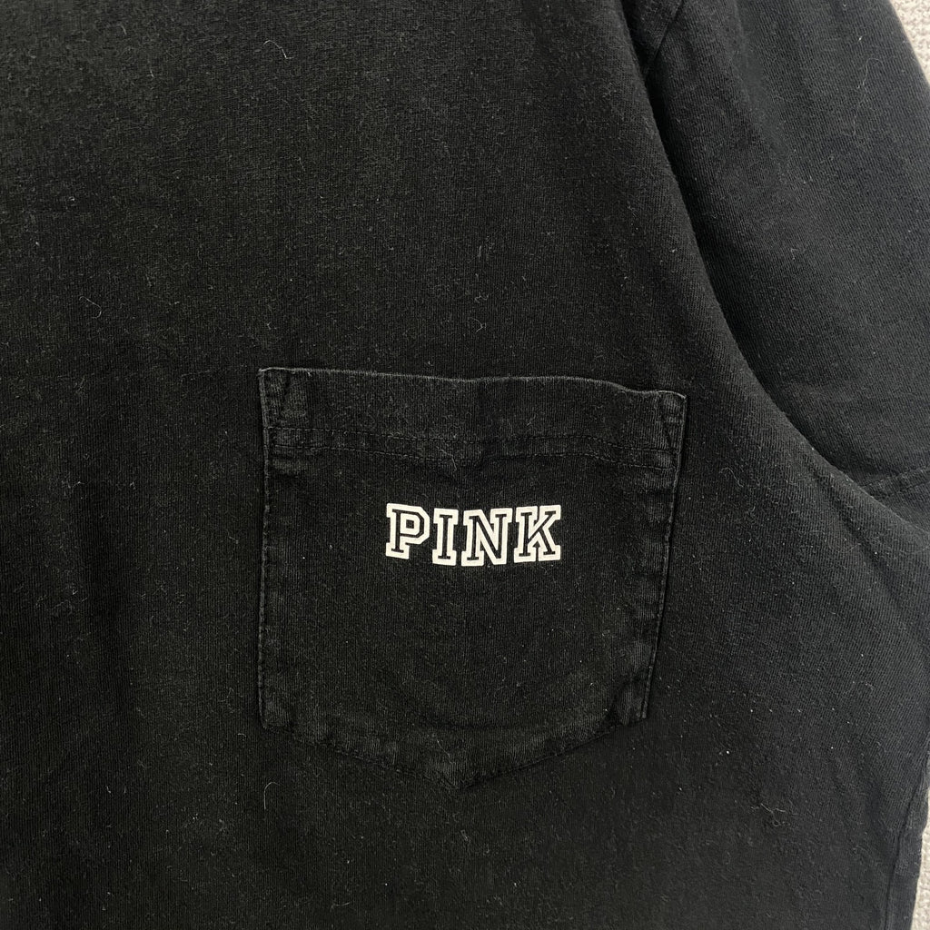 古着 used　PINK　ヴィクトリアシークレット　半袖ワンポイントTシャツ　バックプリント　胸ポケット　犬　黒　Lサイズ