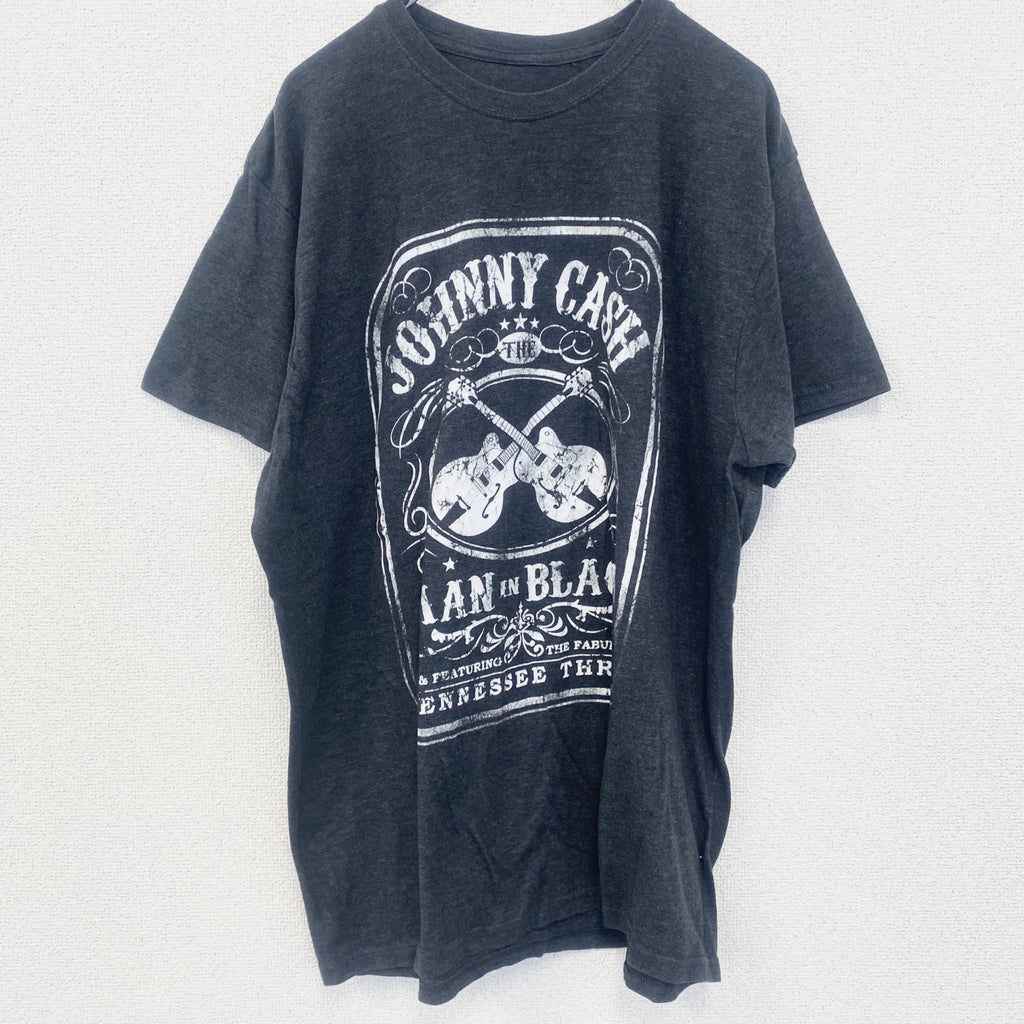 古着 used　半袖バンドプリントTシャツ　ジョニーキャッシュ　灰色　ダークグレー　クルーネック　レトロデザイン　2XLサイズ