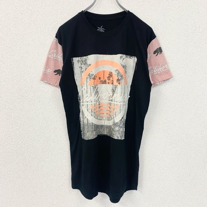 古着 used　VIBES　半袖プリントデザインTシャツ　サンタモニカ　クルーネック　レトロ　黒　ブラック　Mサイズ