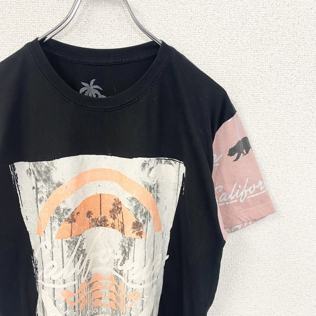 古着 used　VIBES　半袖プリントデザインTシャツ　サンタモニカ　クルーネック　レトロ　黒　ブラック　Mサイズ