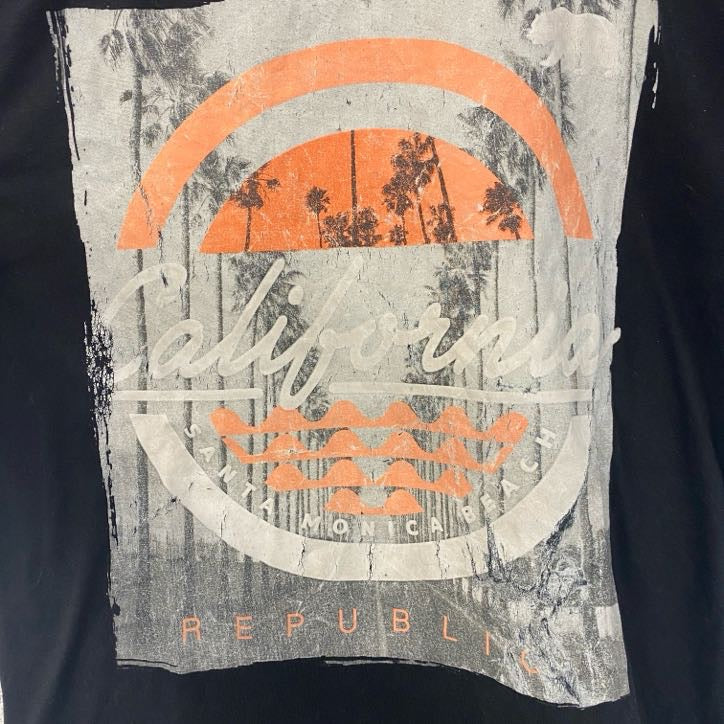 古着 used　VIBES　半袖プリントデザインTシャツ　サンタモニカ　クルーネック　レトロ　黒　ブラック　Mサイズ
