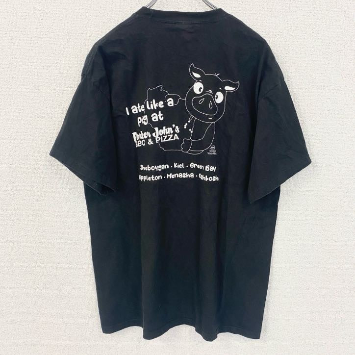 古着 used　Hanes　ヘインズ　BEEFY-T　半袖デザインTシャツ　バックプリント　豚　PIG　黒　春夏服　Lサイズ