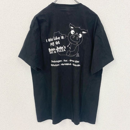 古着 used　Hanes　ヘインズ　BEEFY-T　半袖デザインTシャツ　バックプリント　豚　PIG　黒　春夏服　Lサイズ