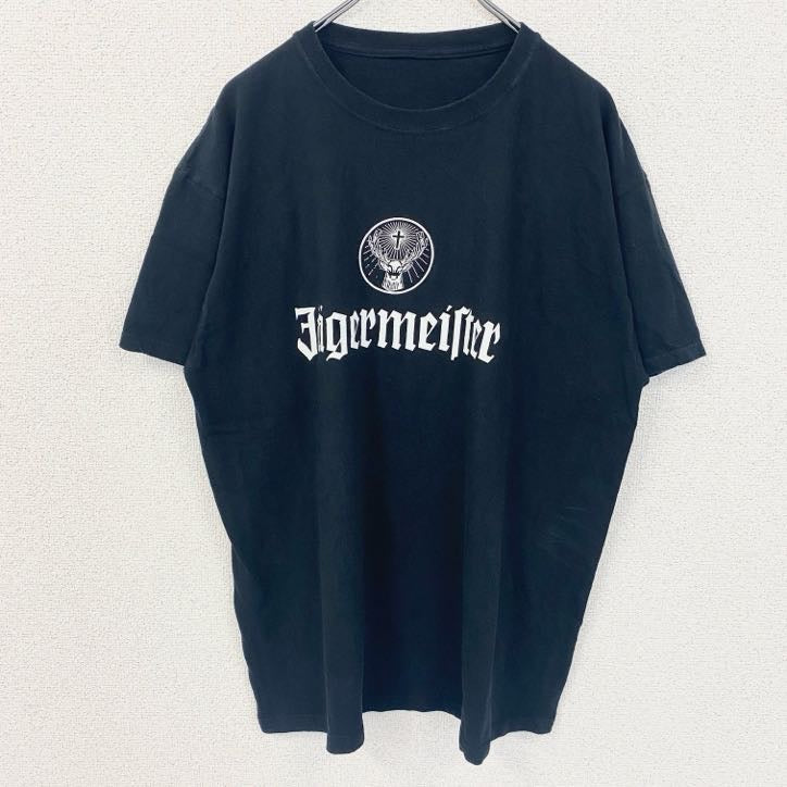 古着 used　半袖プリントデザインTシャツ　イエーガーマイスター　リキュール　クルーネック　レトロ　黒　ブラック