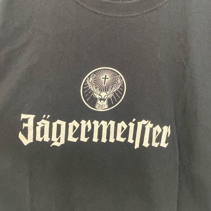 古着 used　半袖プリントデザインTシャツ　イエーガーマイスター　リキュール　クルーネック　レトロ　黒　ブラック