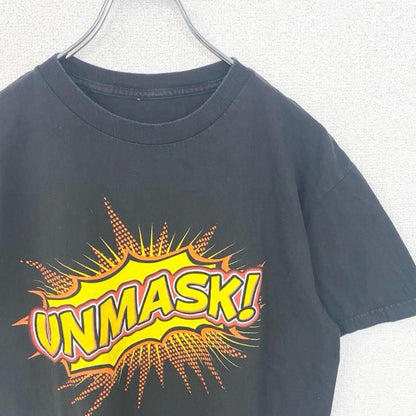 半袖プリントTシャツ　UNMASK　アメコミ風　デカロゴ　クルーネック　黒　ブラック