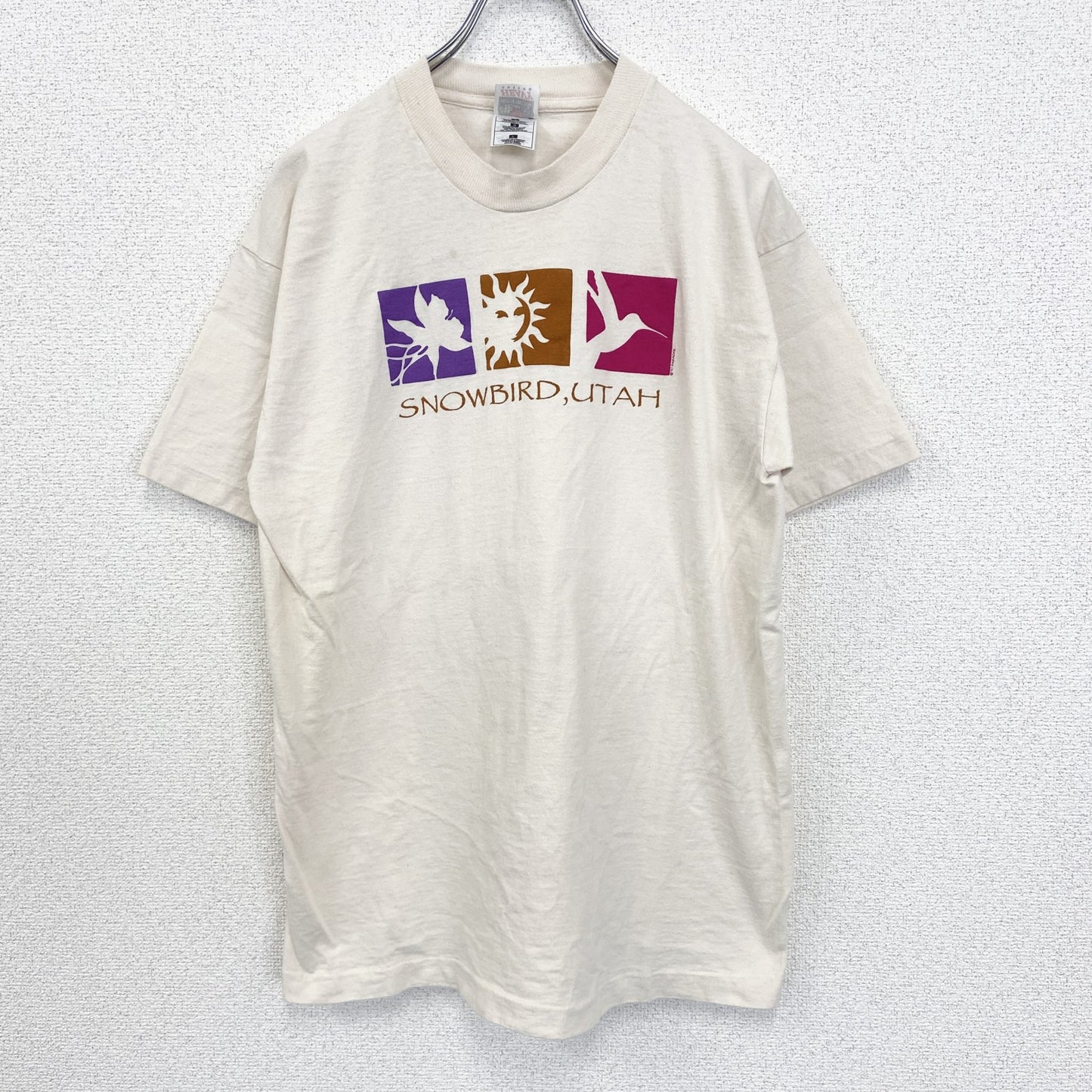 古着 used　FRUIT OF THE LOOM　半袖プリントTシャツ　シングルステッチ　90s　クルーネック　ベージュ　Lサイズ