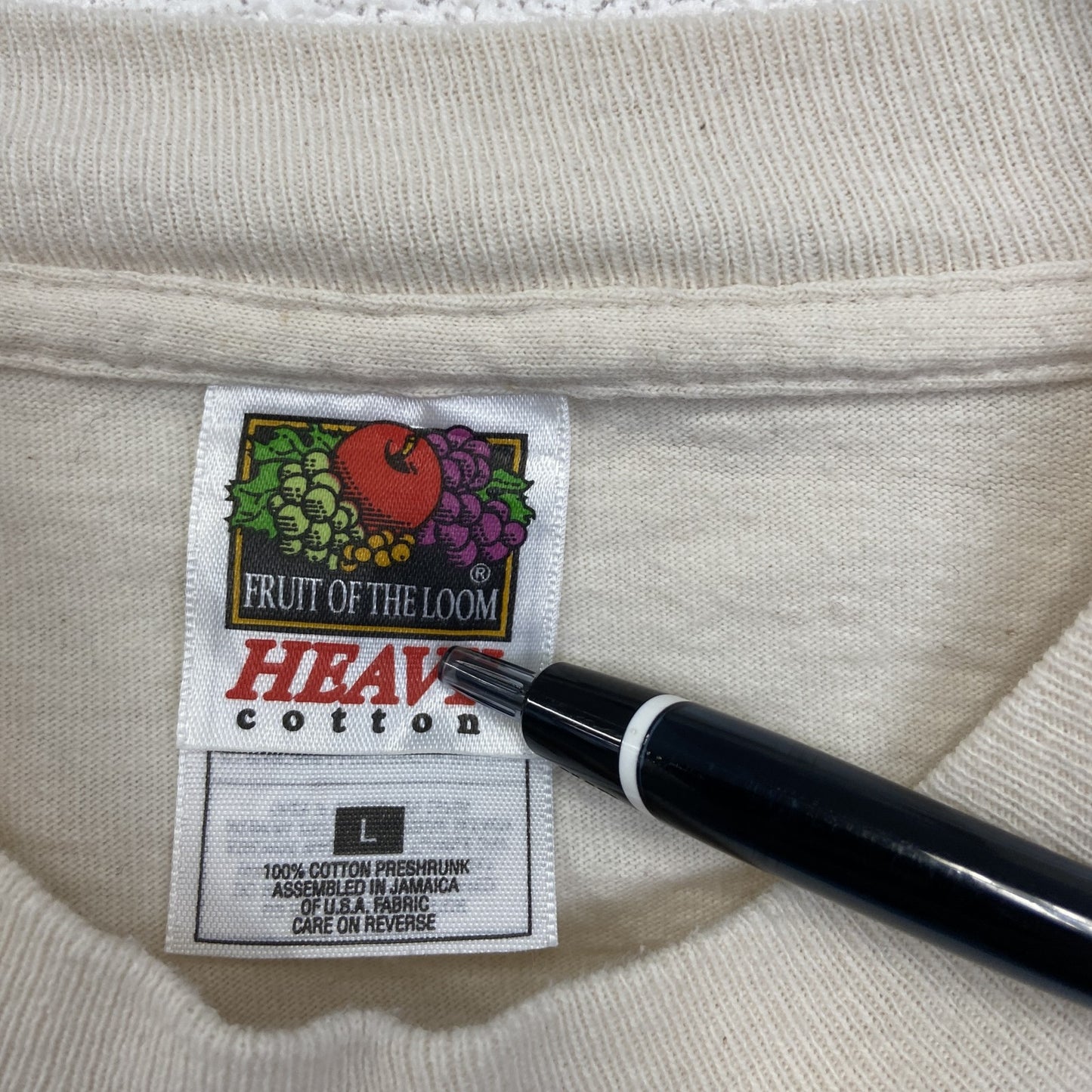 古着 used　FRUIT OF THE LOOM　半袖プリントTシャツ　シングルステッチ　90s　クルーネック　ベージュ　Lサイズ