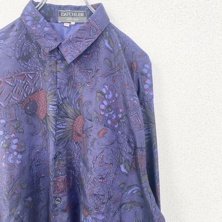 古着 used　長袖柄シャツ　フラワーパターン　総柄　胸ポケット　紫　パープル　レトロデザイン　幾何学模様　2XLサイズ