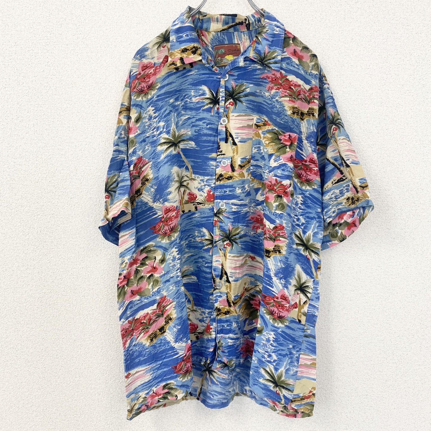 古着 used　半袖プリント柄シャツ　青　ブルー　総柄　開襟　アロハシャツ　派手　ハワイアン　カラフル　XLサイズ