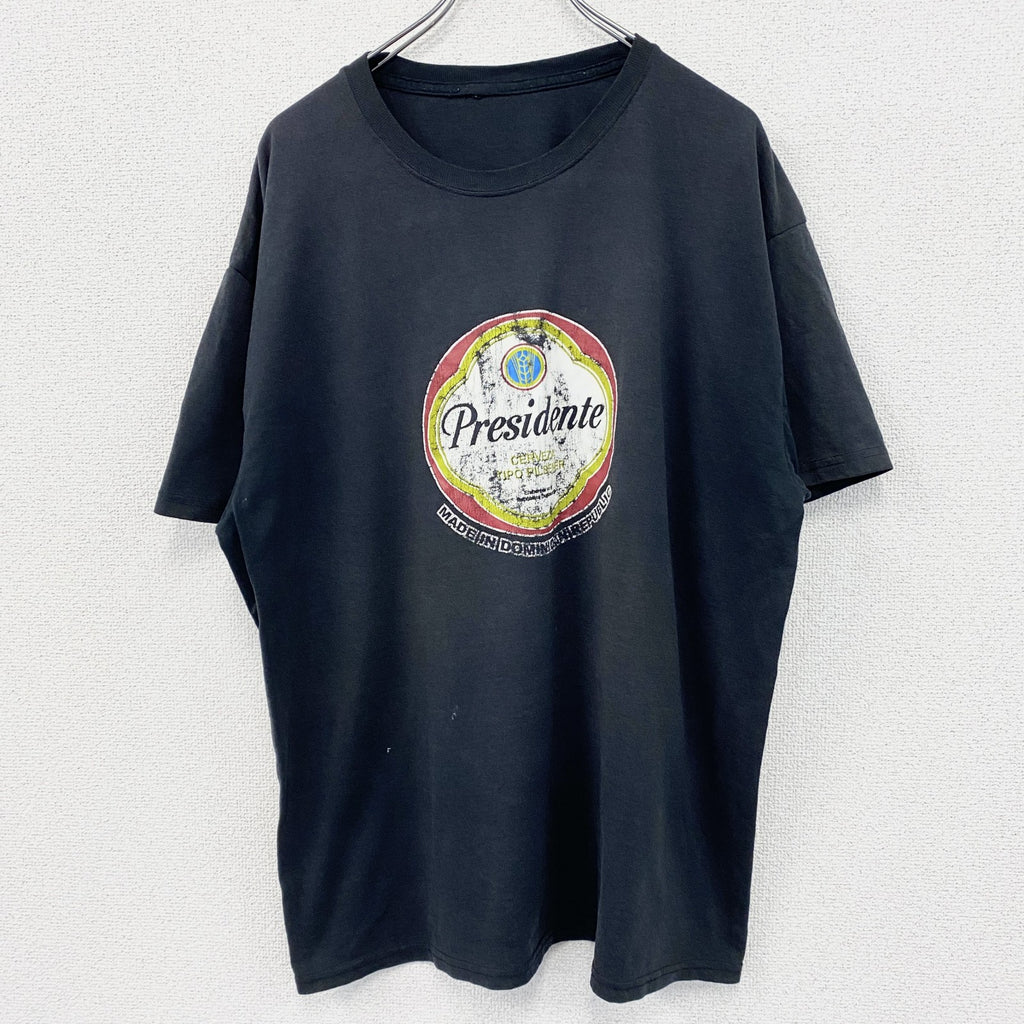 半袖プリントビールTシャツ　スーベニア　Presidente　ワンポイント　ドミニカ共和国　アーチプリント　クルーネック　黒　ブラック　