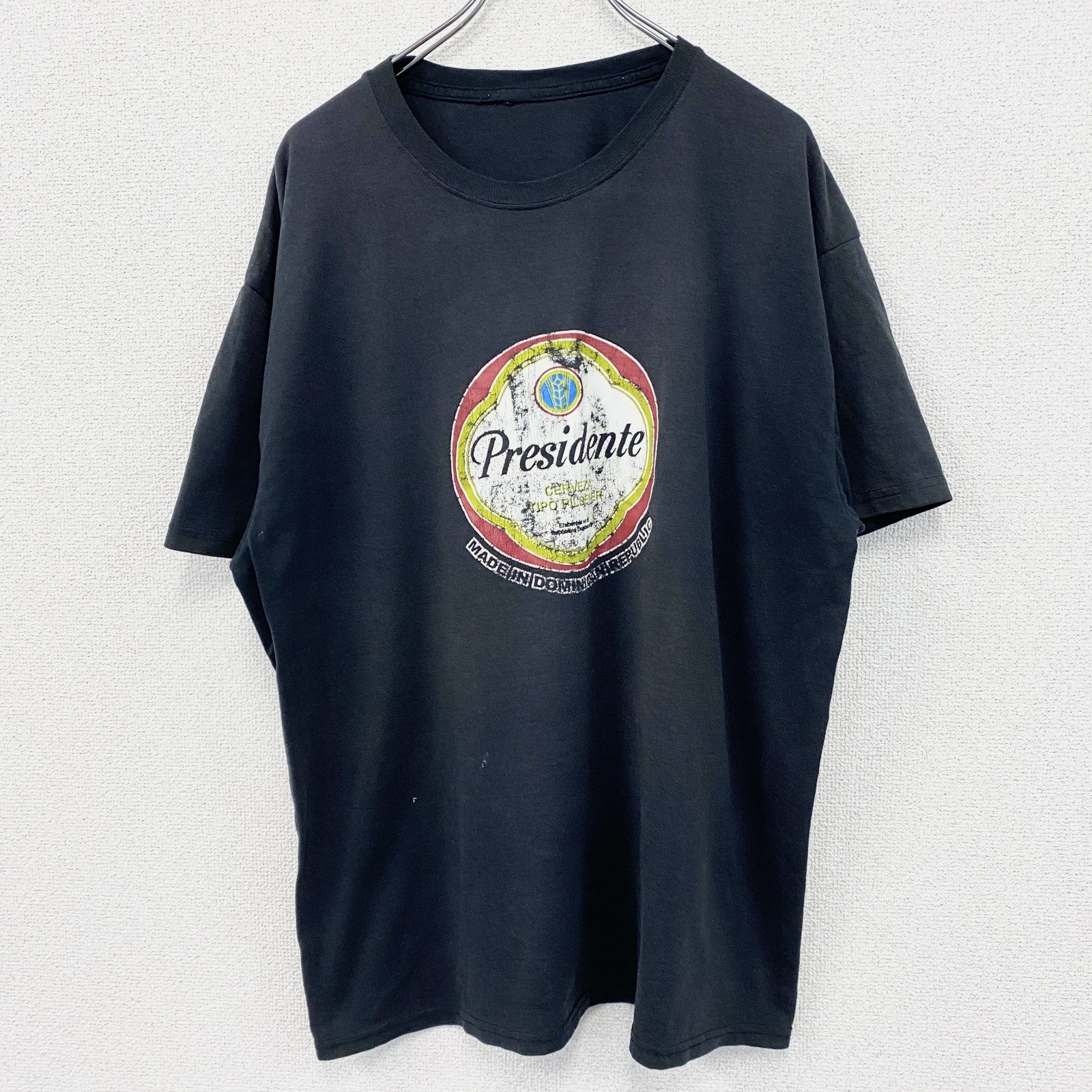 半袖プリントビールTシャツ　スーベニア　Presidente　ワンポイント　ドミニカ共和国　アーチプリント　クルーネック　黒　ブラック　