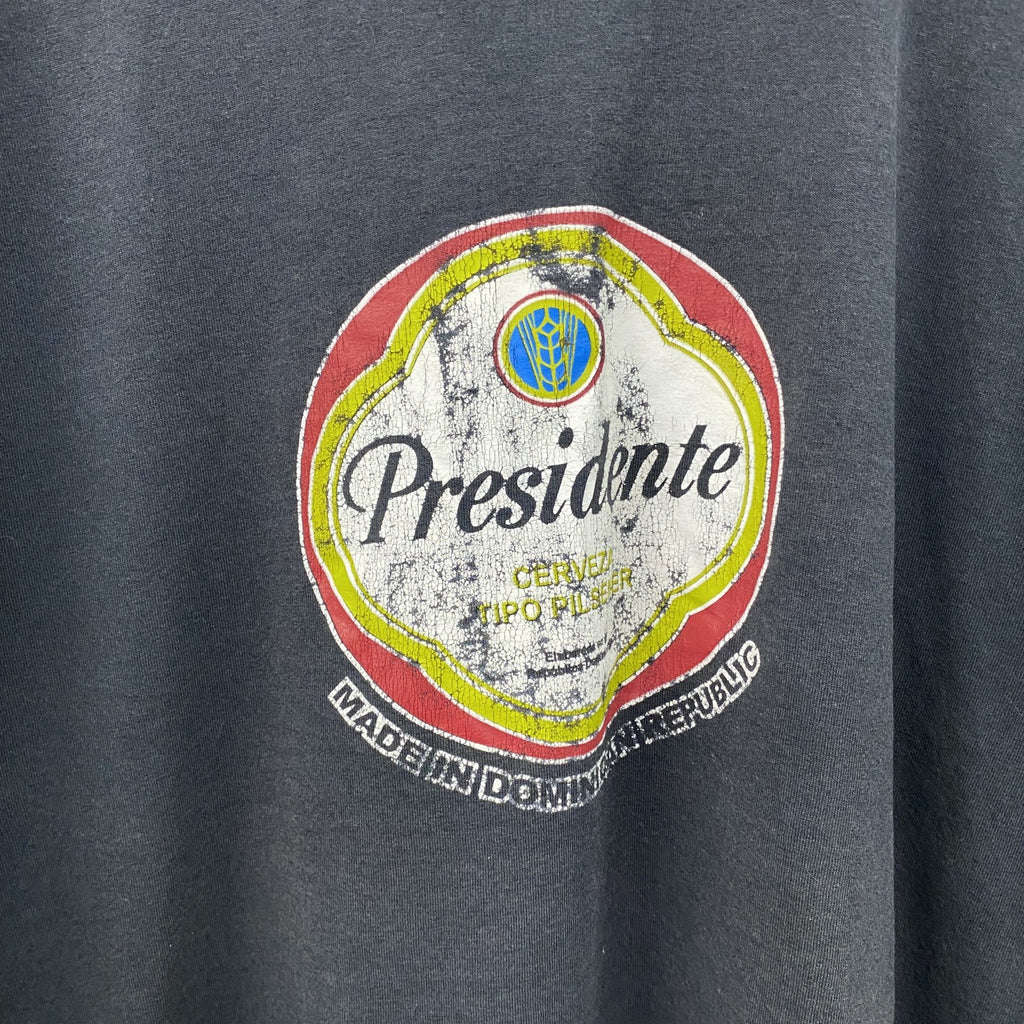半袖プリントビールTシャツ　スーベニア　Presidente　ワンポイント　ドミニカ共和国　アーチプリント　クルーネック　黒　ブラック　