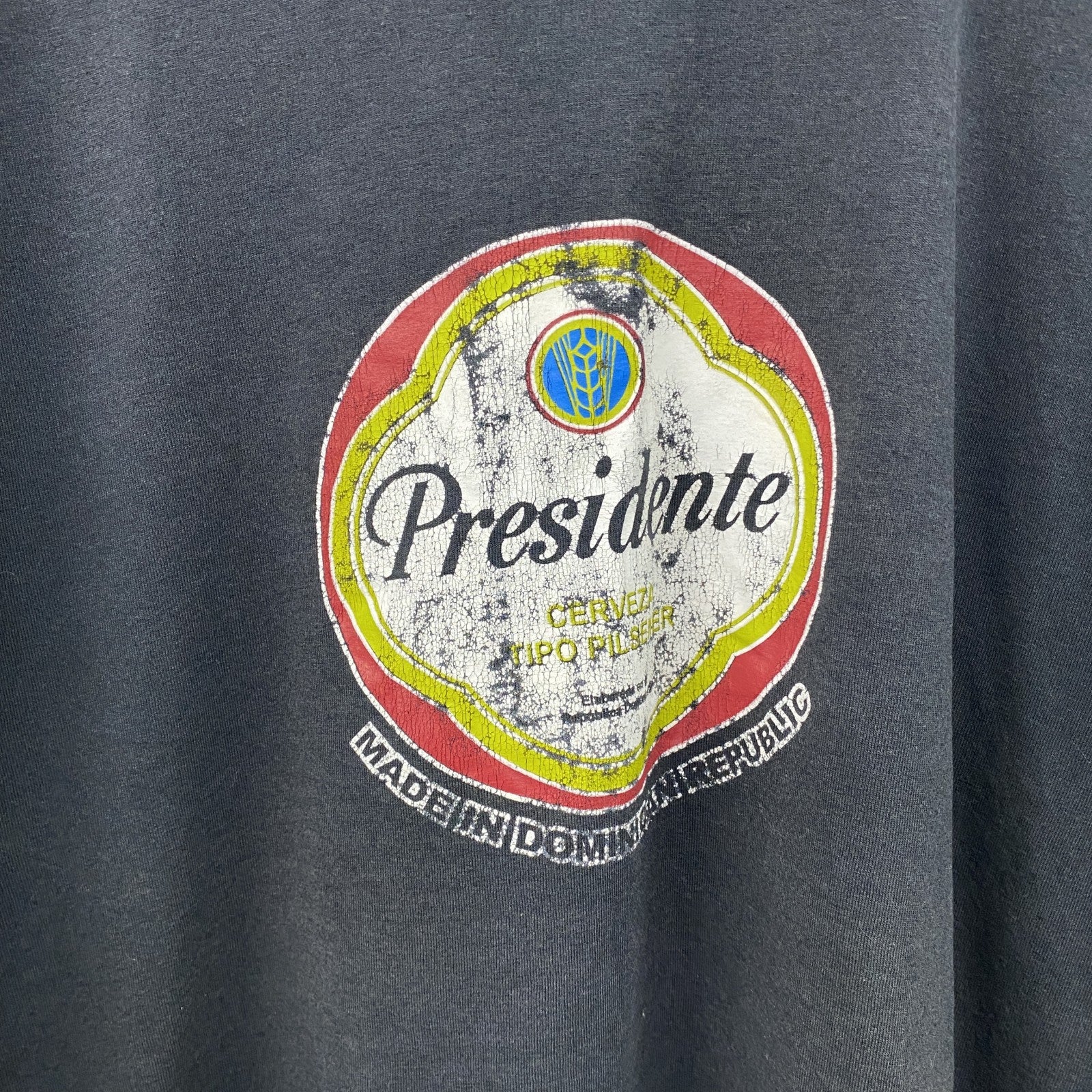半袖プリントビールTシャツ　スーベニア　Presidente　ワンポイント　ドミニカ共和国　アーチプリント　クルーネック　黒　ブラック　