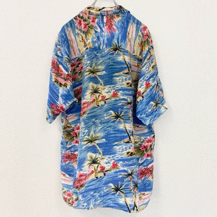 古着 used　半袖プリント柄シャツ　青　ブルー　総柄　開襟　アロハシャツ　派手　ハワイアン　カラフル　XLサイズ