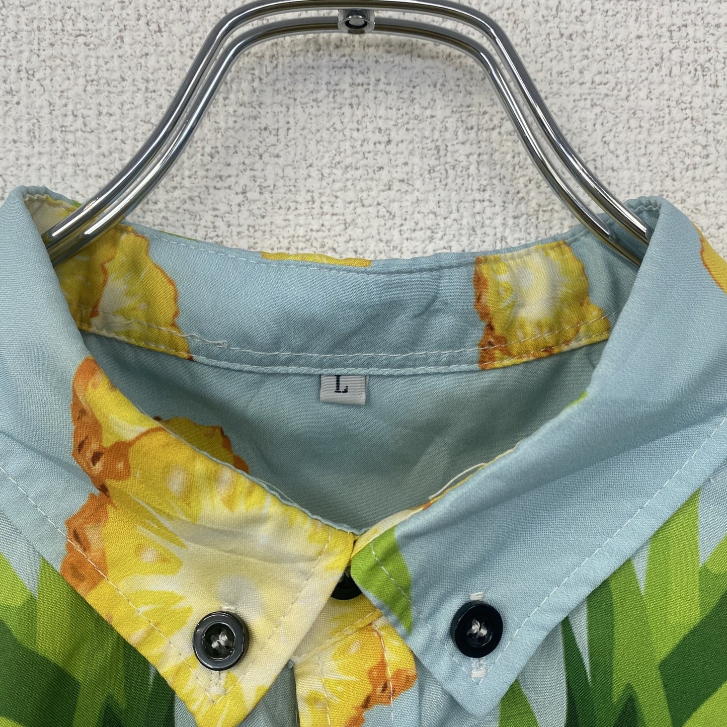 古着 used　半袖プリント柄シャツ　総柄　派手　ハワイアン　おもしろ　人面　パイナップル　カラフル　Lサイズ　