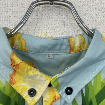 古着 used　半袖プリント柄シャツ　総柄　派手　ハワイアン　おもしろ　人面　パイナップル　カラフル　Lサイズ　