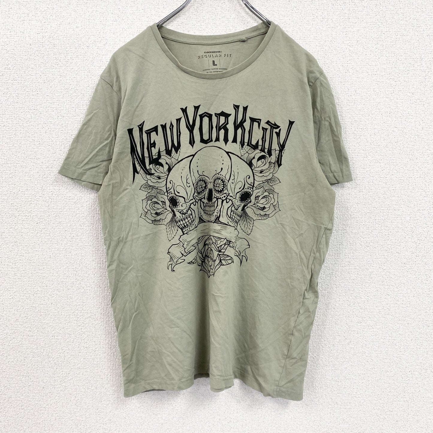 REGULAR FIT　半袖プリントTシャツ　スカル　骸骨　NEW YORK　英字プリント　カーキ　Lサイズ