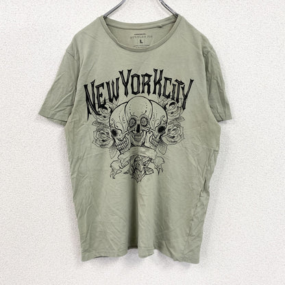 REGULAR FIT　半袖プリントTシャツ　スカル　骸骨　NEW YORK　英字プリント　カーキ　Lサイズ