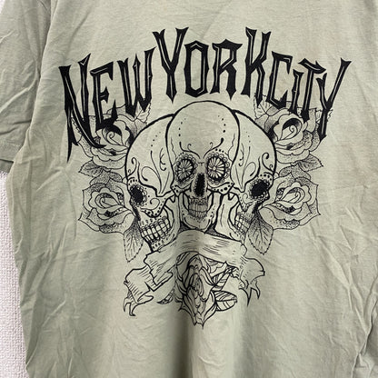 REGULAR FIT　半袖プリントTシャツ　スカル　骸骨　NEW YORK　英字プリント　カーキ　Lサイズ