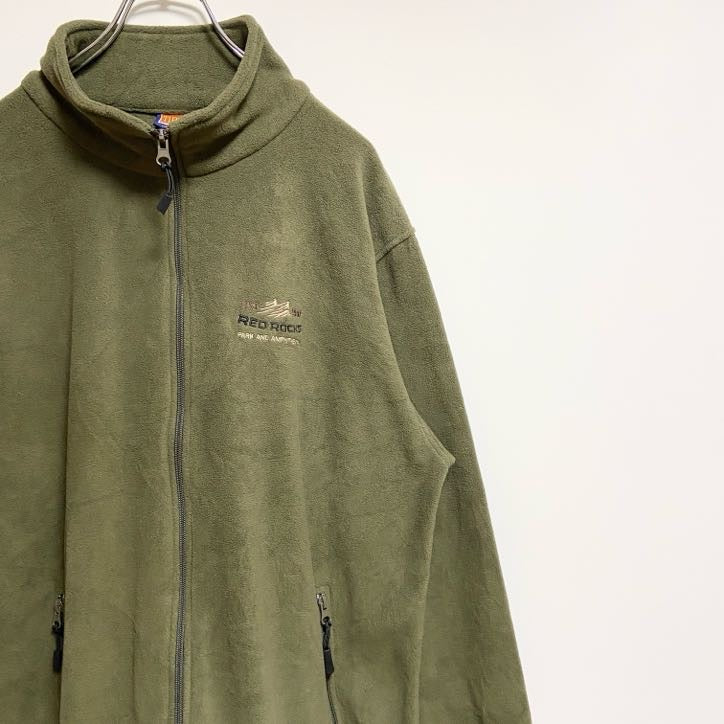 古着 used　TIPSY　長袖ジップアップフリースジャケット　ハイネックブルゾン　ワンポイント刺繡　緑　グリーン　Lサイズ