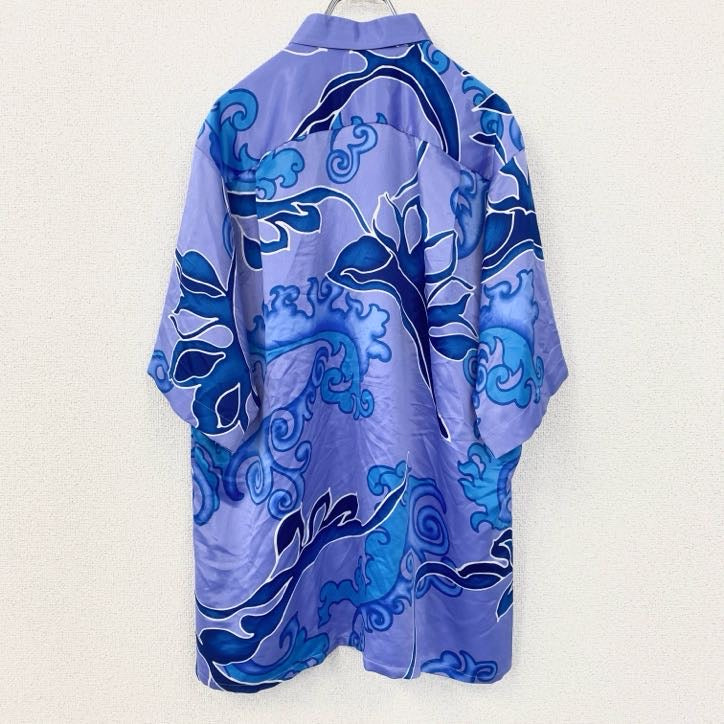 古着 used　半袖総柄シャツ　胸ポケット　和柄　和雲　雲煙模様　レトロデザイン　青　ブルー　ディープカラー