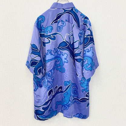 古着 used　半袖総柄シャツ　胸ポケット　和柄　和雲　雲煙模様　レトロデザイン　青　ブルー　ディープカラー