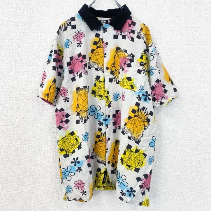 古着 used　VANS　半袖プリント柄シャツ　アニメ　カートゥーン　スポンジボブ　総柄　胸ポケット　レトロデザイン　XLサイズ