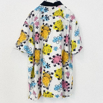 古着 used　VANS　半袖プリント柄シャツ　アニメ　カートゥーン　スポンジボブ　総柄　胸ポケット　レトロデザイン　XLサイズ