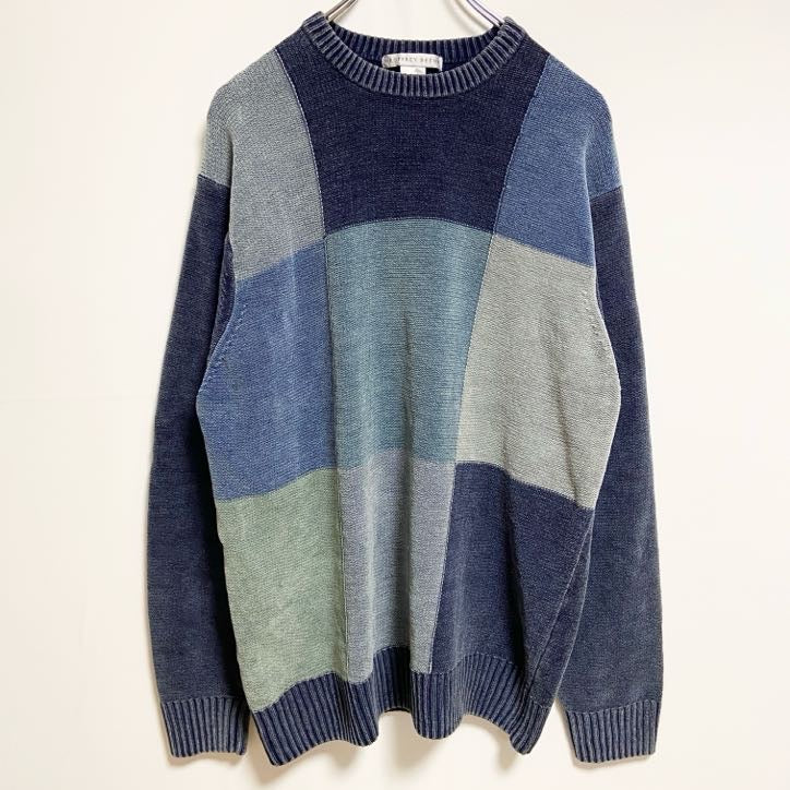 古着 used　GEOFFREYBEENE　長袖ブロックチェックニット　セーター ネイビー　ビッグシルエット　XLサイズ