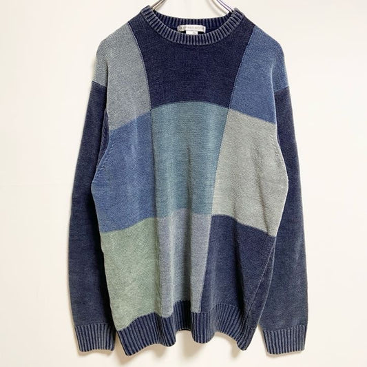 古着 used　GEOFFREYBEENE　長袖ブロックチェックニット　セーター ネイビー　ビッグシルエット　XLサイズ
