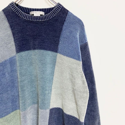古着 used　GEOFFREYBEENE　長袖ブロックチェックニット　セーター ネイビー　ビッグシルエット　XLサイズ