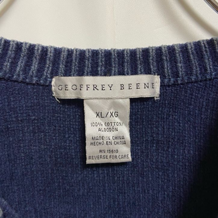 古着 used　GEOFFREYBEENE　長袖ブロックチェックニット　セーター ネイビー　ビッグシルエット　XLサイズ